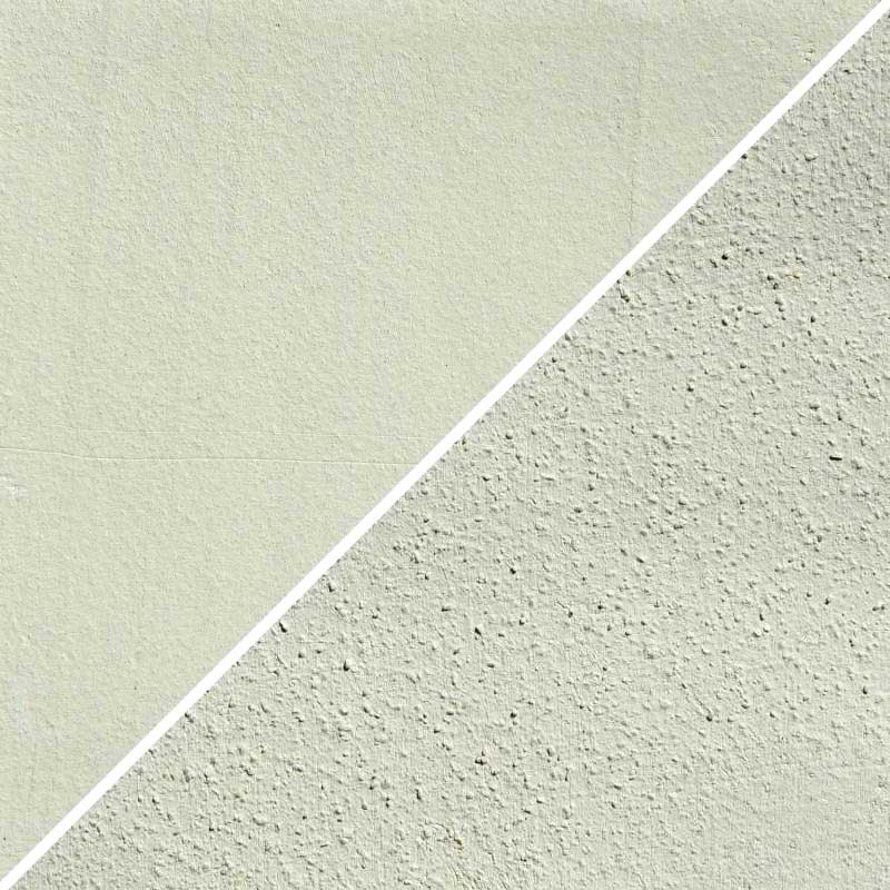Two side-by-side images; the left side shows a close-up of a smooth white stoneware clay surface, and the right side shows a close-up of the same clay with visible grog particles.