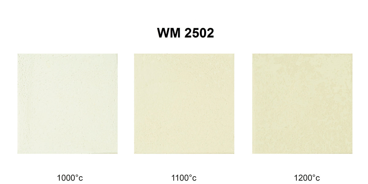 WM2502 cream stoneware clay with grog, showing fired colour samples at 1000°C, 1100°C and 1200°C.